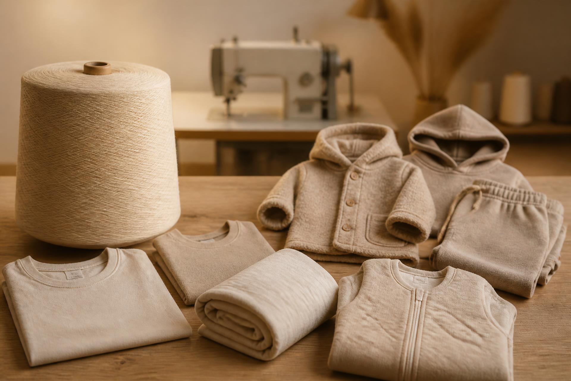 Premium merino wool cone, garments and sewing machine representing Apex Apparels in-house R&D and manufacturing capabilities